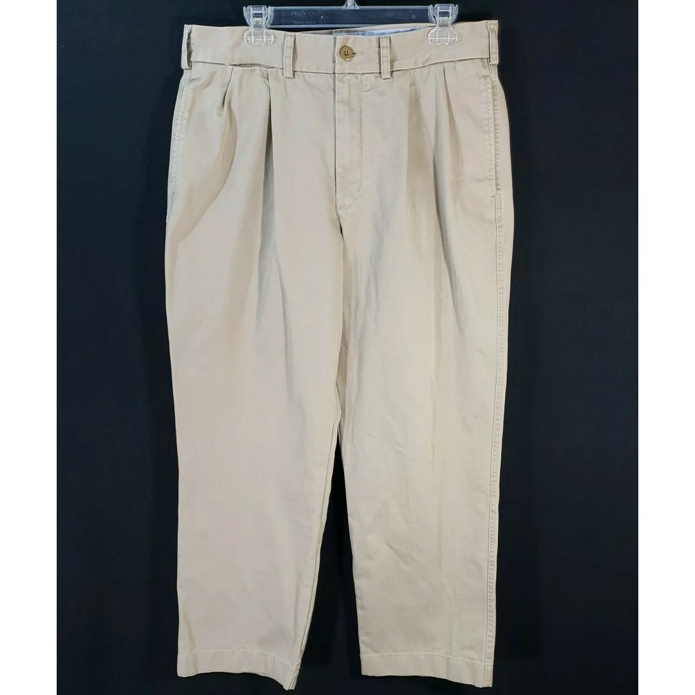 Lands' End Mens 36x29 Dress Pants Khaki Pleated Beige Chino Business Casual